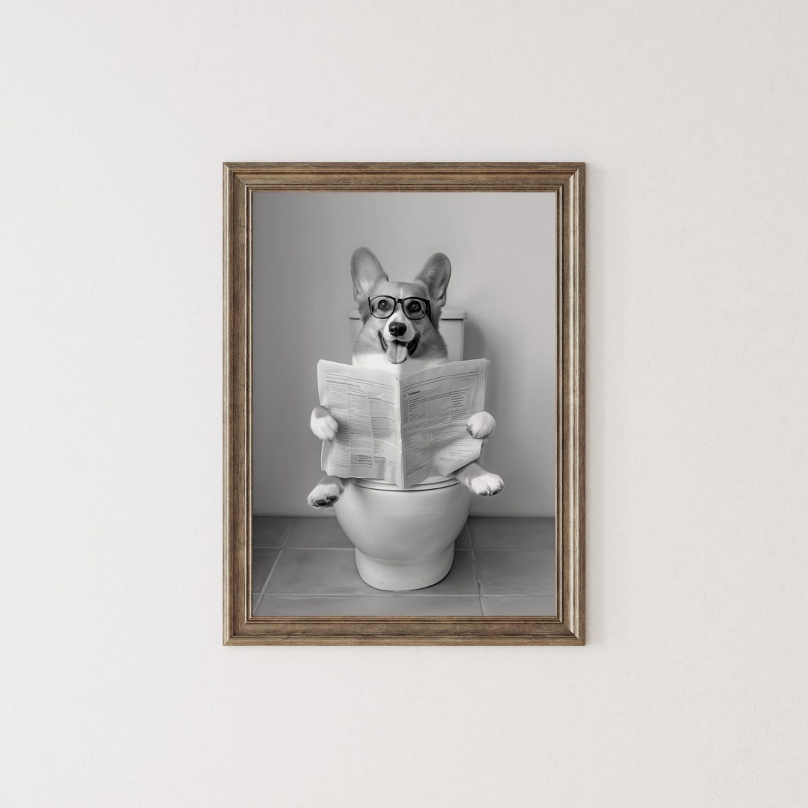 Corgi Reading Newspaper on Toilet Black and White Funny Dog Poster - Image 2