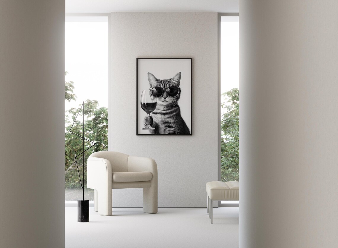 Domestic Shorthair Cat Drinking Wine, Bar Decor Art Print - Image 3