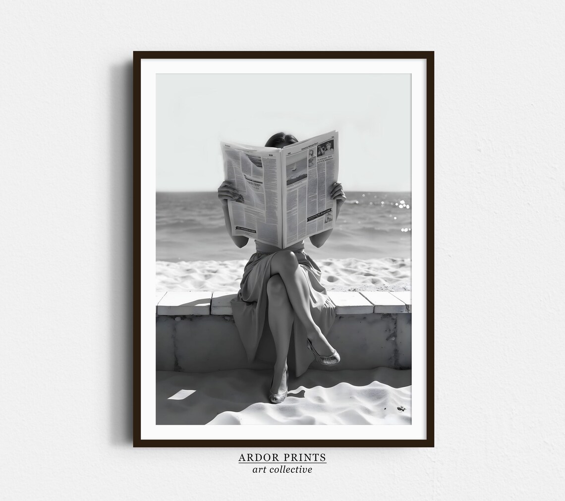 Woman Reading Newspaper At Beach Vintage Feminist Retro Photo Poster