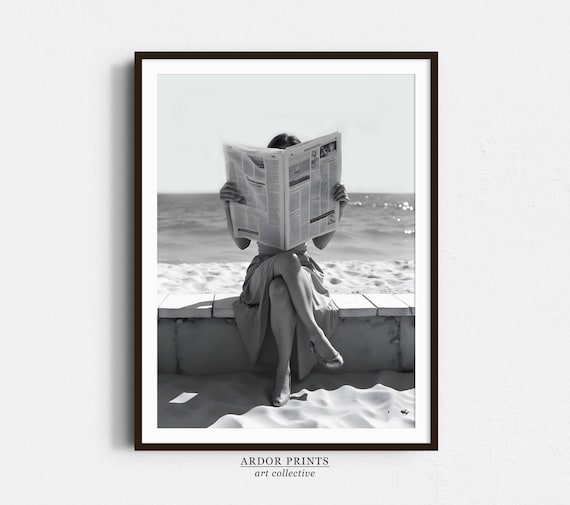 Woman Reading Newspaper At Beach Vintage Feminist Retro Photo Poster