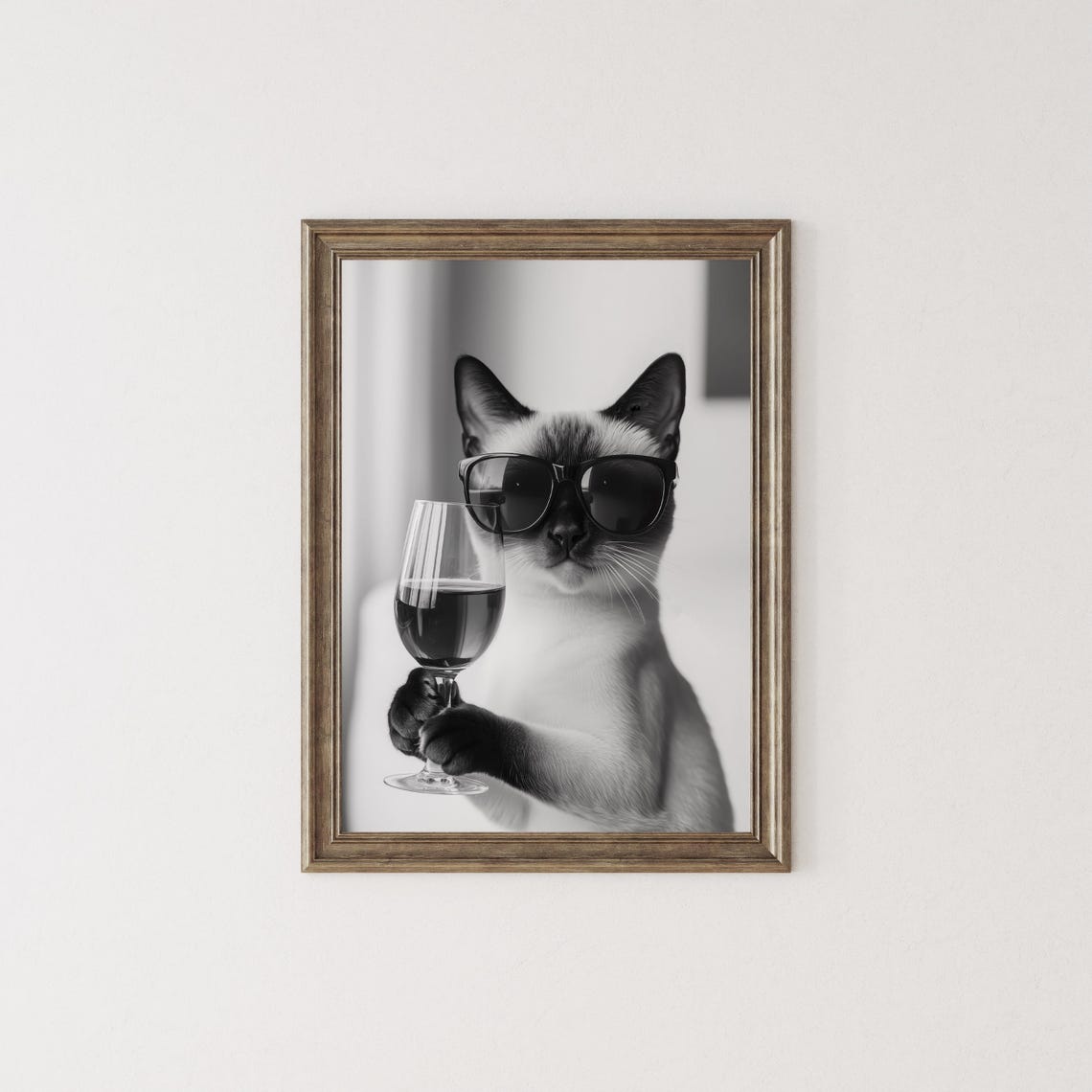 Siamese Cat With Sunglasses Holding Wine Glass Black White Poster - Image 2
