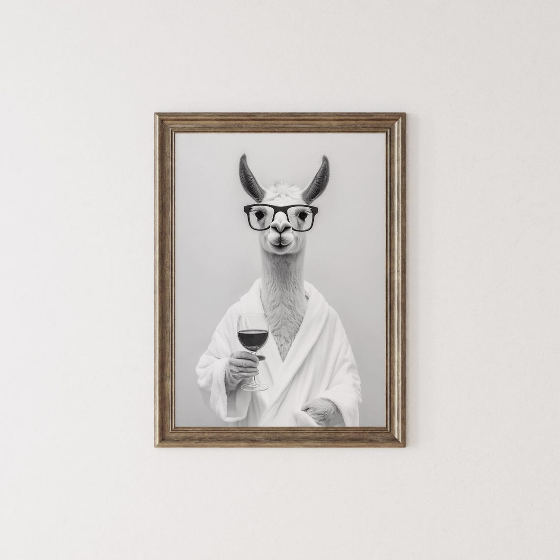 Llama in Bathrobe With Glasses Holding Wine Glass Funny Poster - Image 2