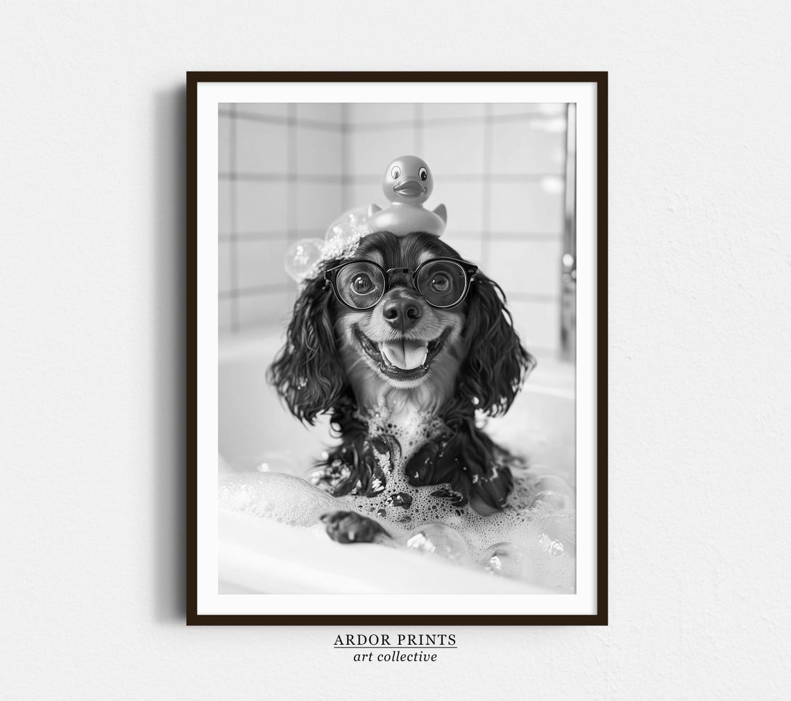 Cavalier Spaniel Bubble Bath With Rubber Duck Funny Dog Print