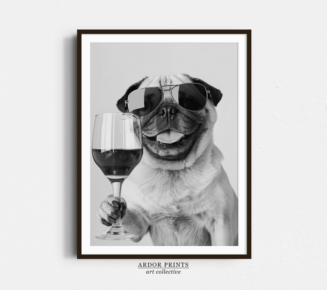 Pug Holding Wine Black and White Art Print