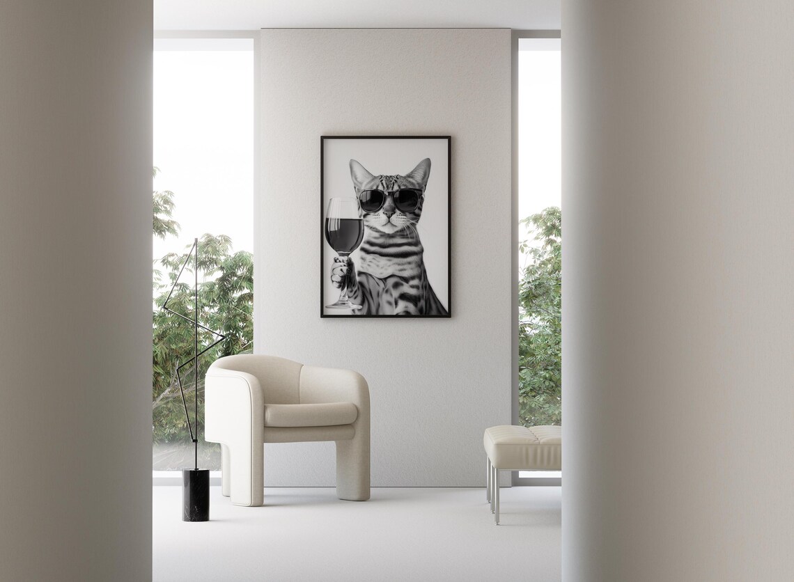 Bengal Cat Drinking Wine, Black and White Art Print - Image 3