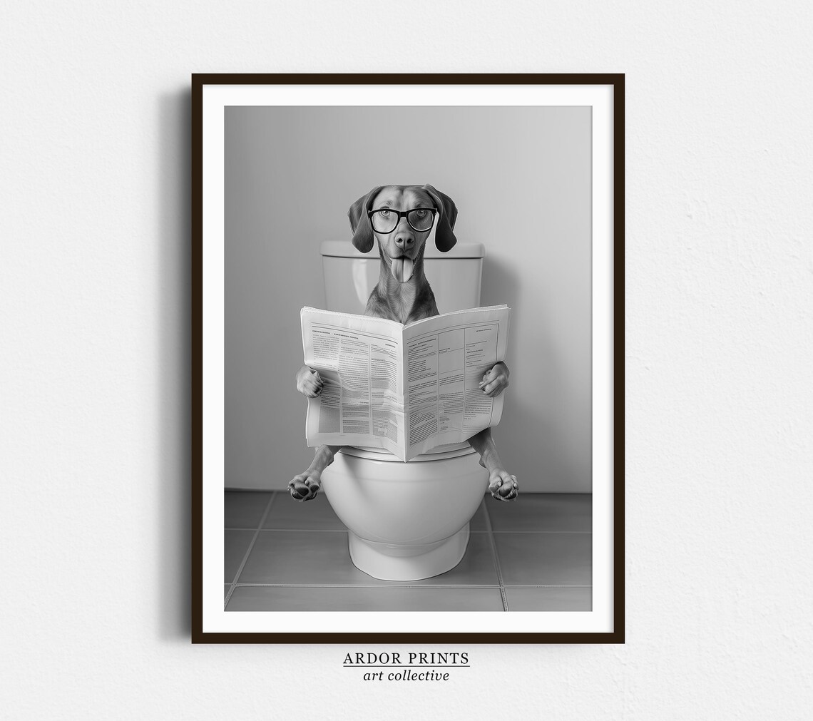 Vizsla Wearing Glasses Sitting on Toilet Reading Newspaper Poster