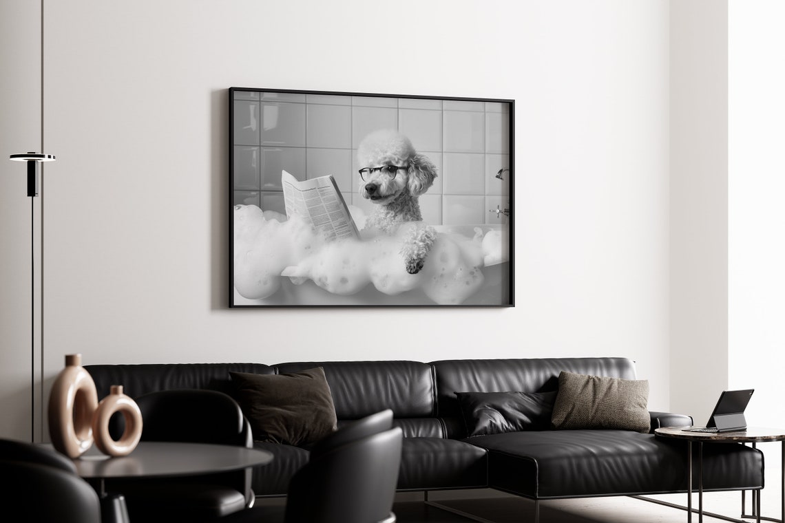 Poodle in Bubble Bath With Glasses Reading Newspaper Funny Dog Poster - Image 4