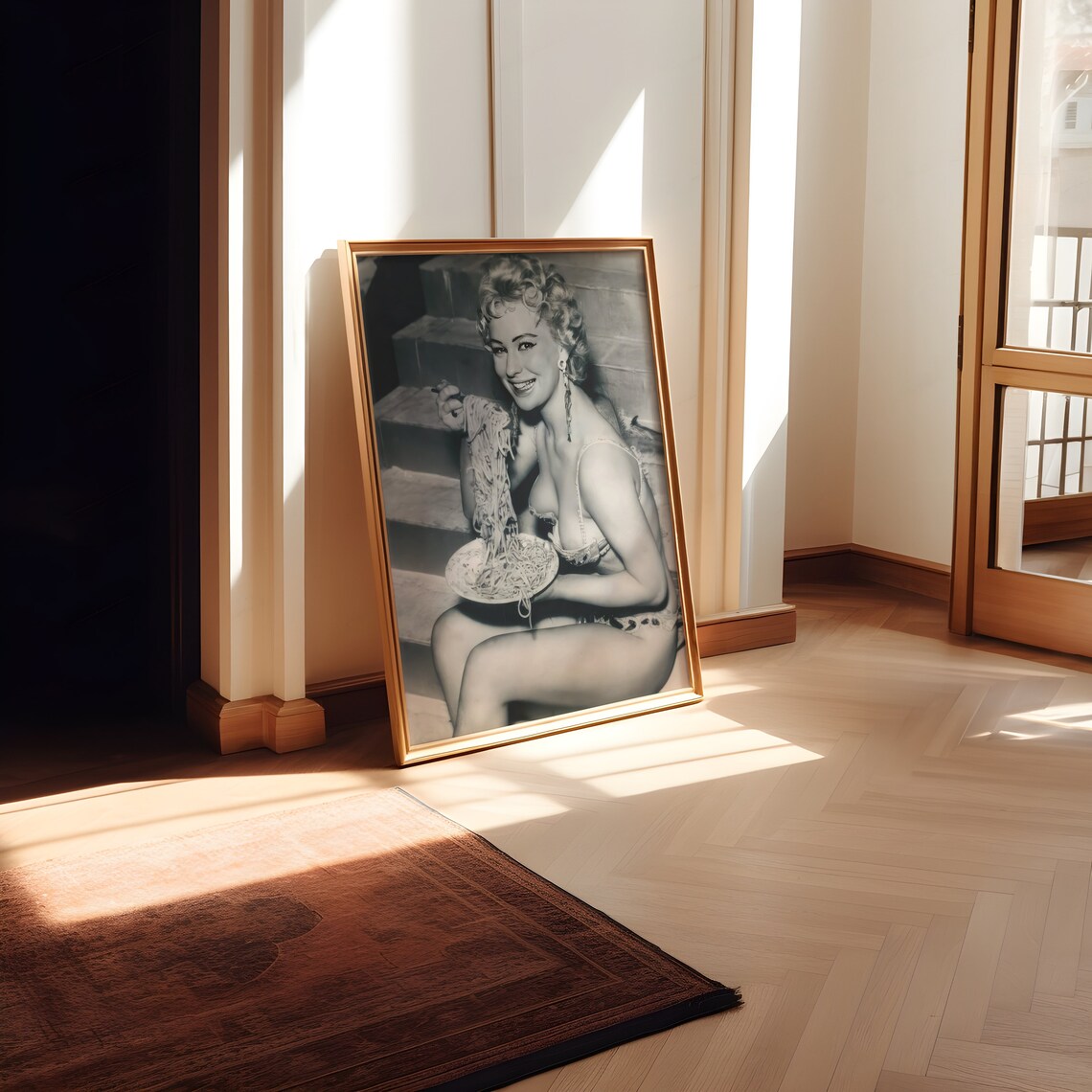 Woman in Bikini Eating Spaghetti With Chopsticks Vintage Photo Poster - Image 2