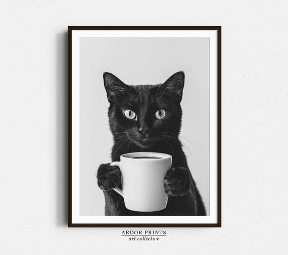 Black Cat Drinking Coffee Wall Art, Funny Coffee Poster