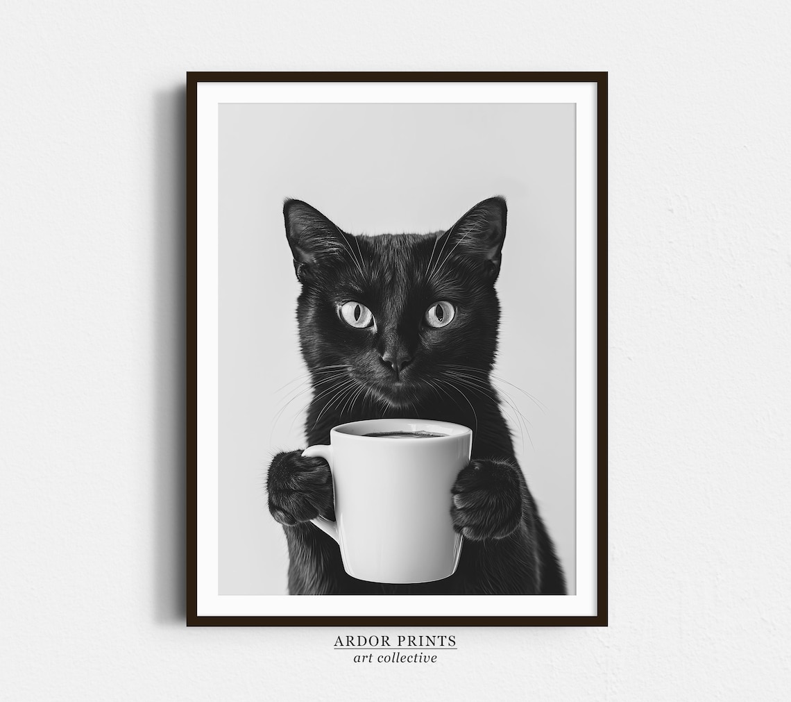Black Cat Drinking Coffee Wall Art, Funny Coffee Poster