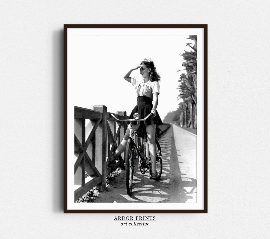 Young Woman Riding Bike Wall Art Black And White Print Vintage Fashion Poster Old Hollywood Actress Susan Peters Retro Wall Decor