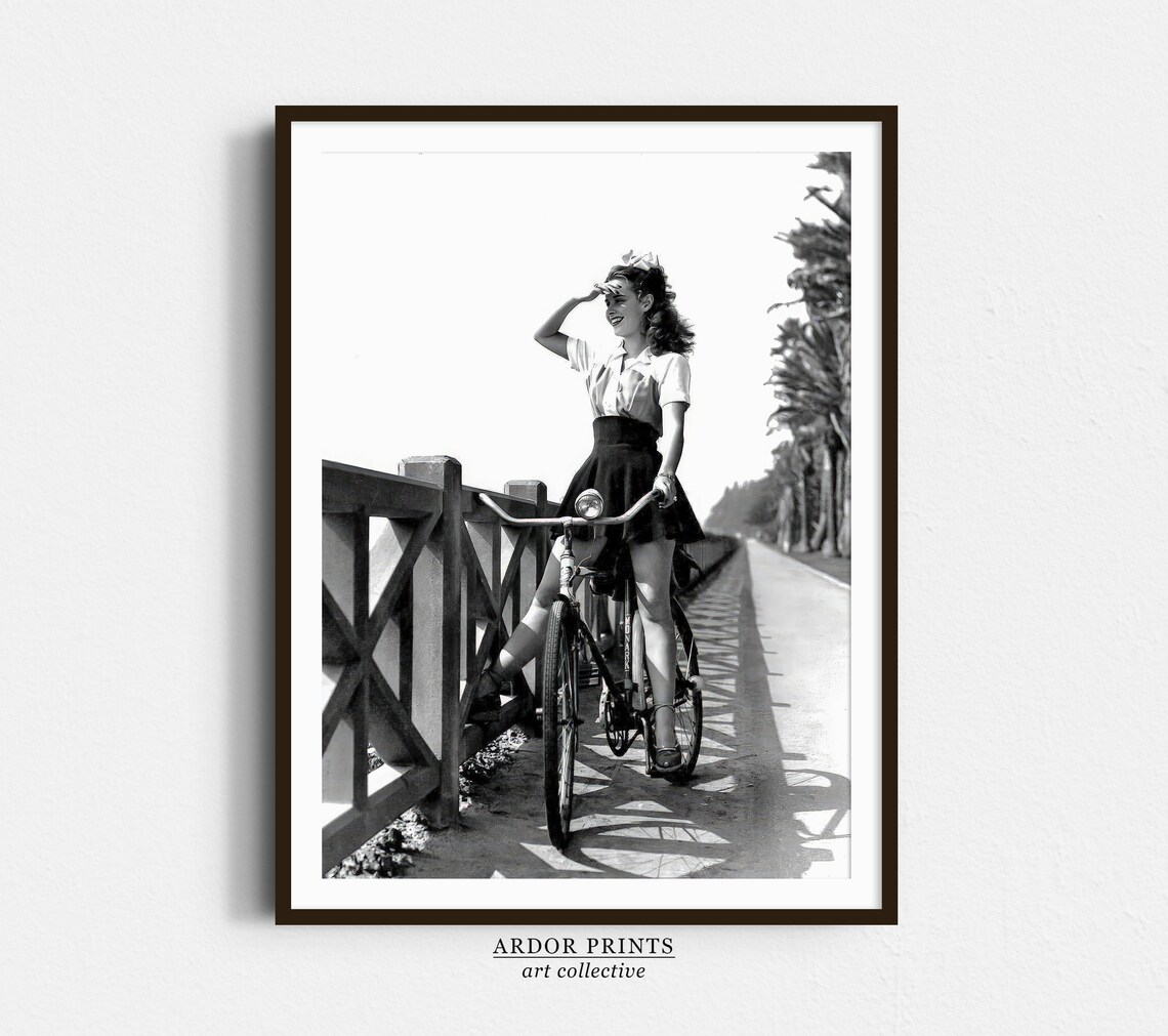 Young Woman With Bicycle on Vintage Promenade Black White Poster