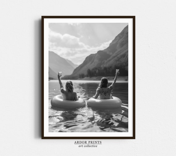 Women Drinking On Lake Retro Poster, Lake House Decor
