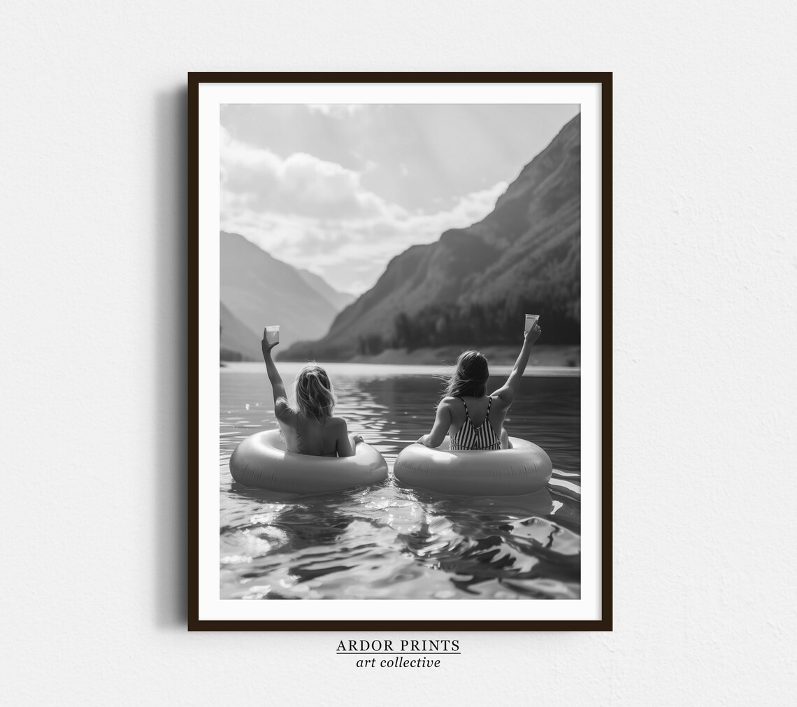 Women Drinking On Lake Retro Poster, Lake House Decor