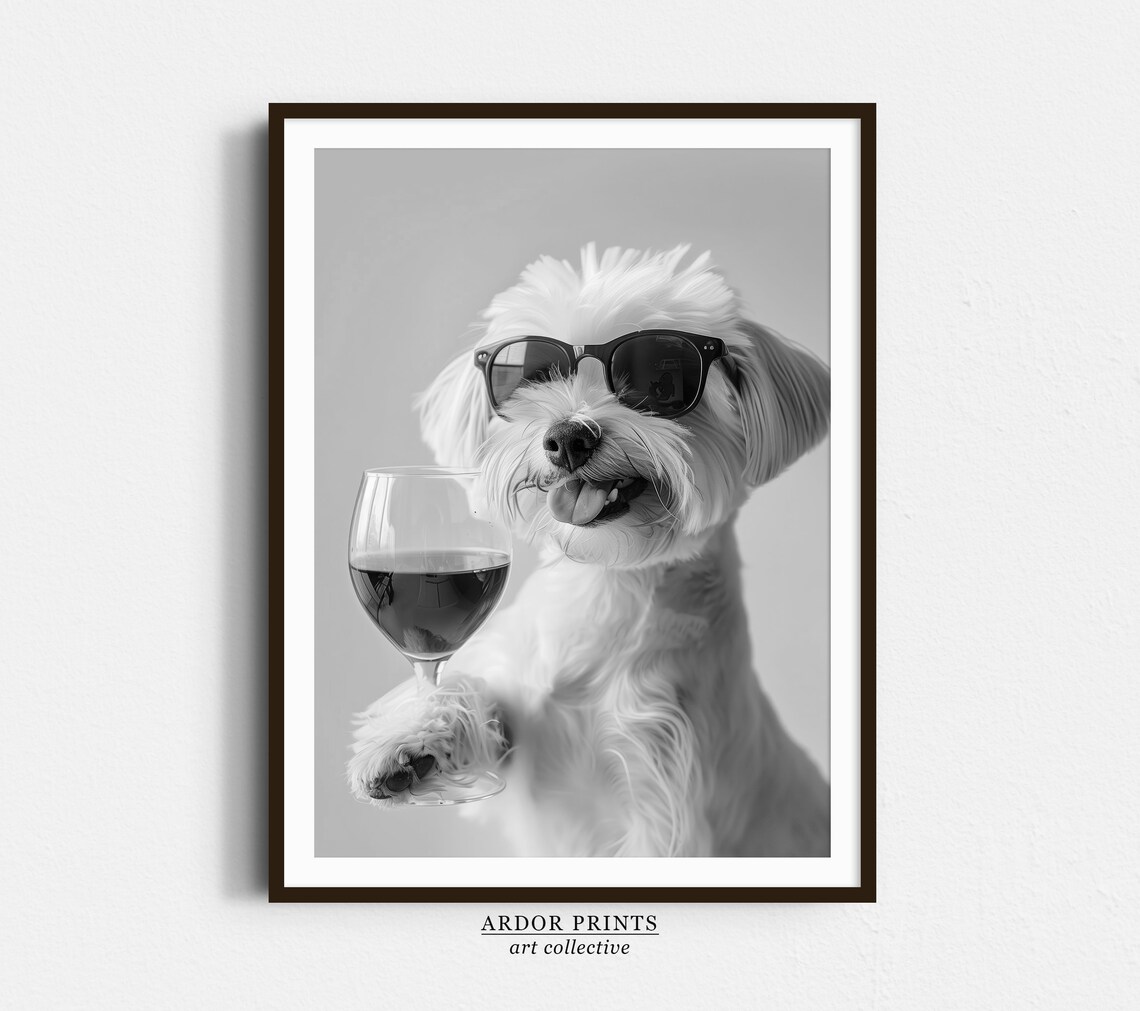 Maltese Holding Red Wine Art Print, Funny Dog