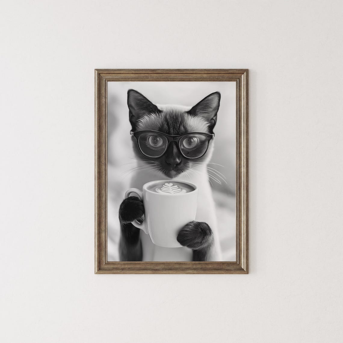 Siamese Cat Coffee Break Funny Cat With Glasses Drinking Coffee Poster - Image 2