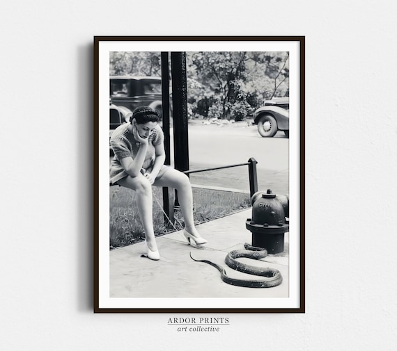 Woman Walking Pet Snake on Vintage Street Black and White Poster