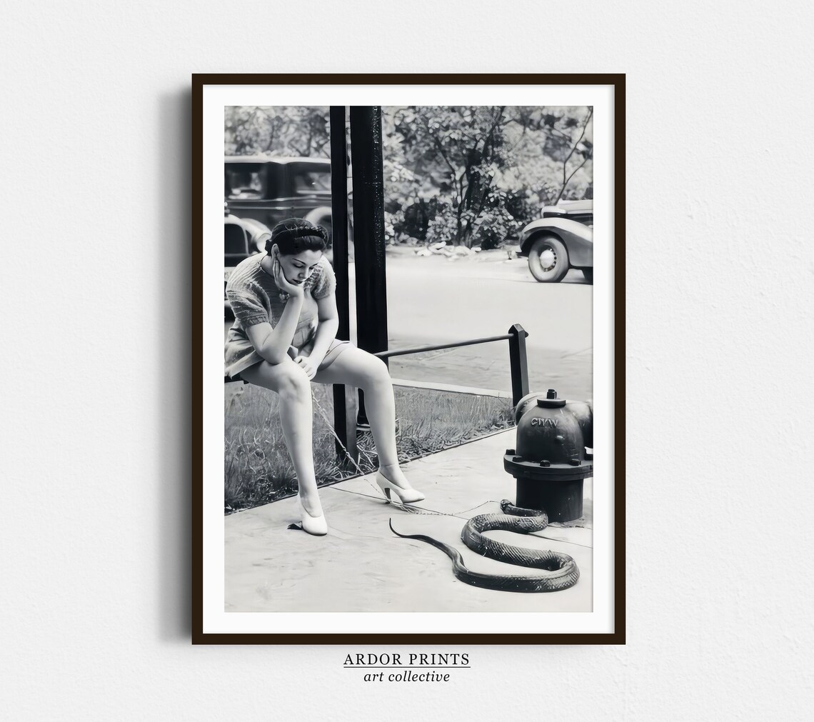 Woman Walking Pet Snake on Vintage Street Black and White Poster