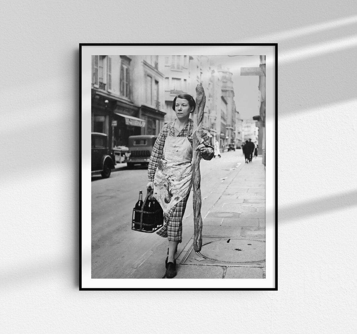 French Woman With Baguette And Wine, Vintage Paris - Image 2