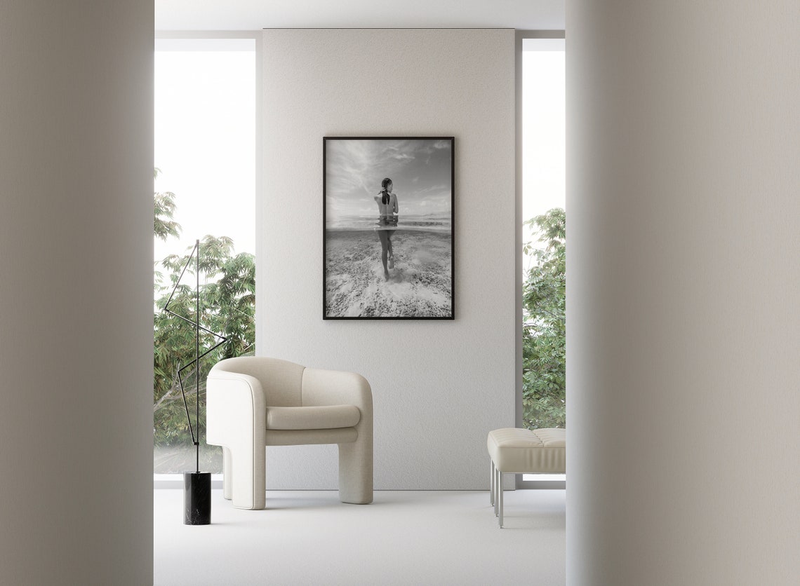 Woman Standing In Clear Ocean Water Black And White Beach Poster - Image 3