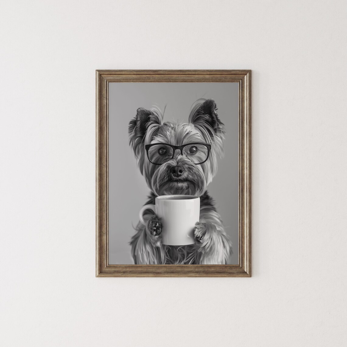 Yorkie and Coffee Black and White Art Print - Image 2