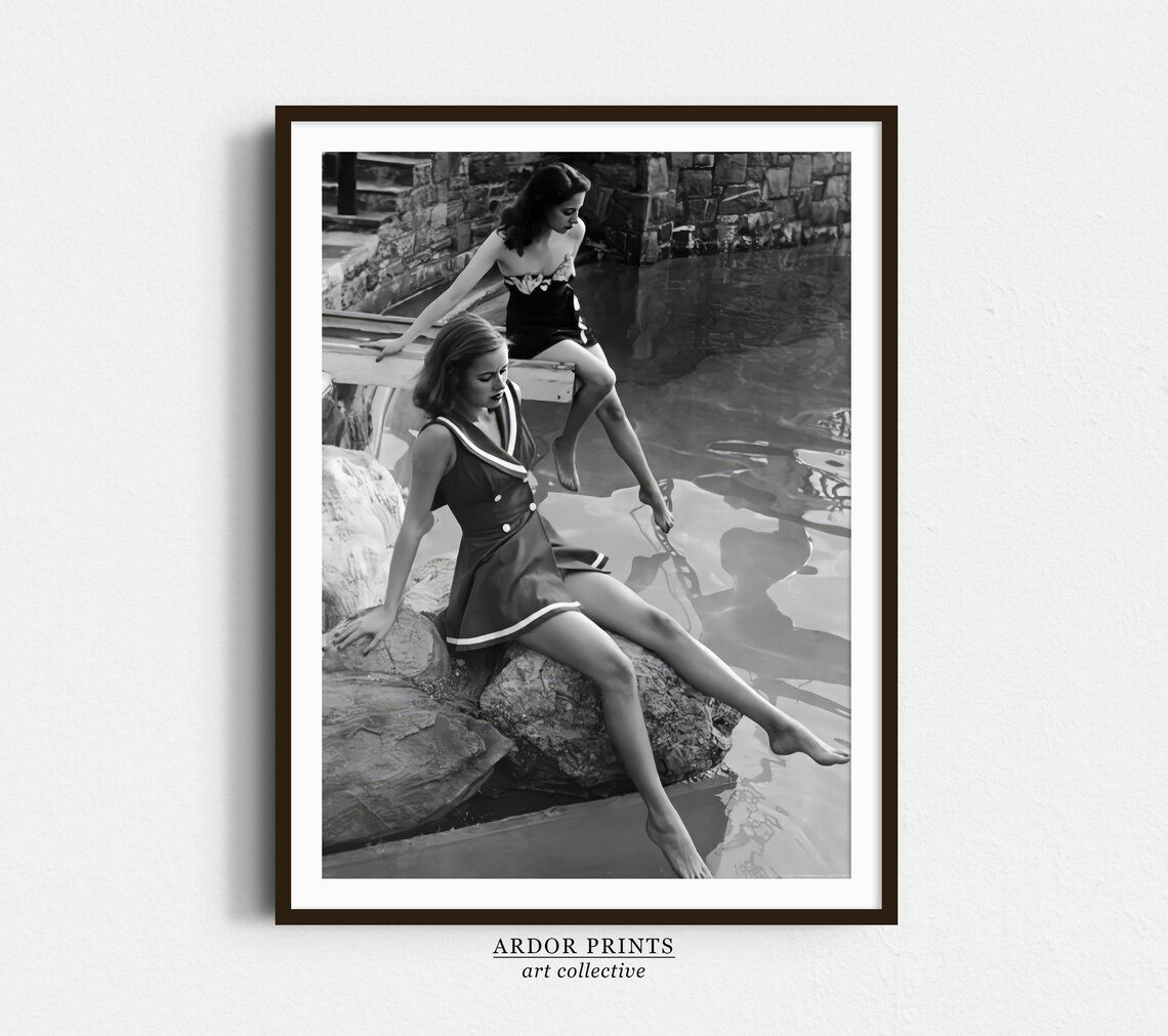 Women In Vintage Swimsuits By The Pool Retro Black And White Poster