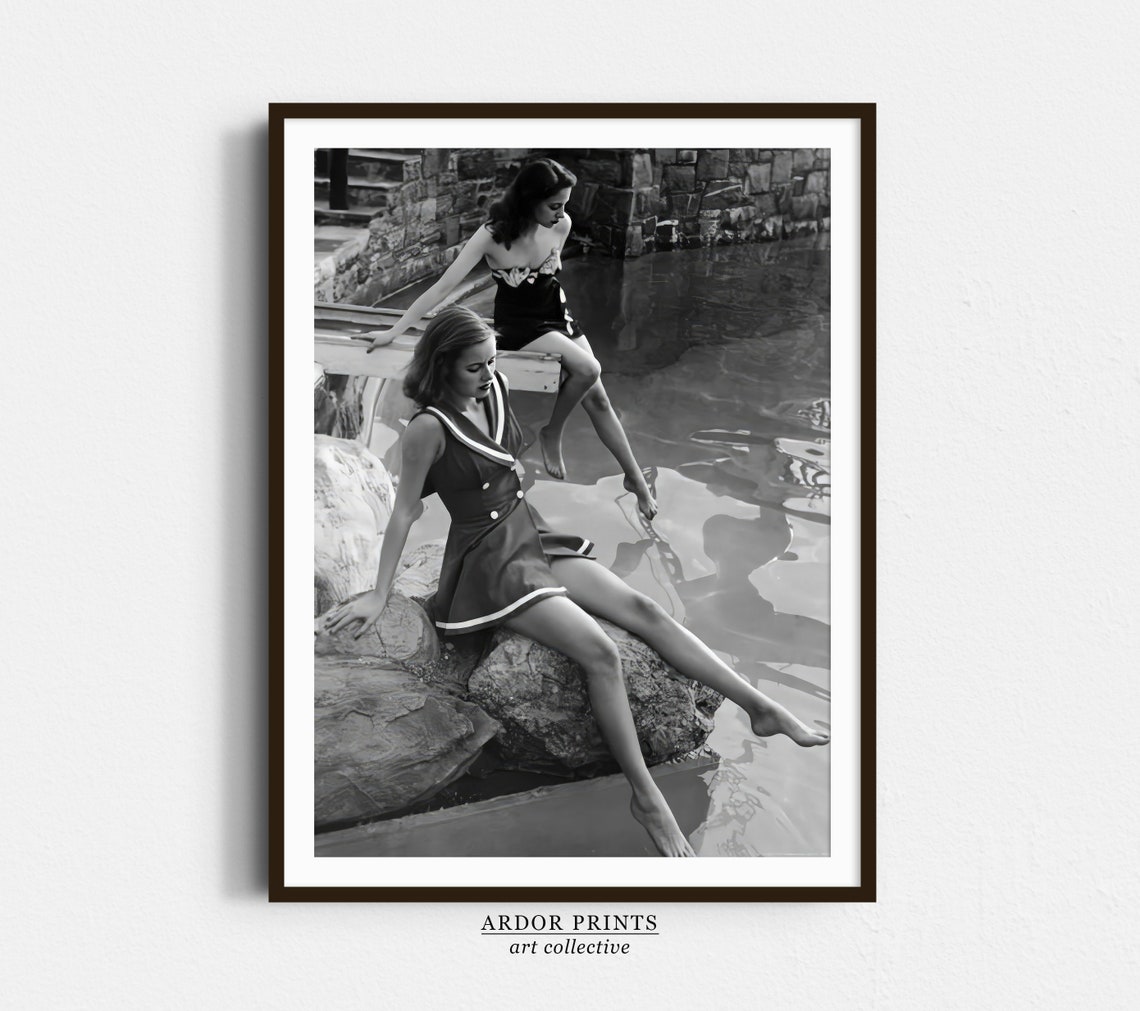 Young French Women Wall Art Paris France In 1950s Vintage Women Fashion Vintage Bathing Suits Black And White Print Retro Wall Decor