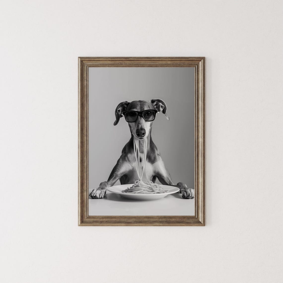Greyhound Wearing Sunglasses Eating Spaghetti Black and White Poster - Image 3