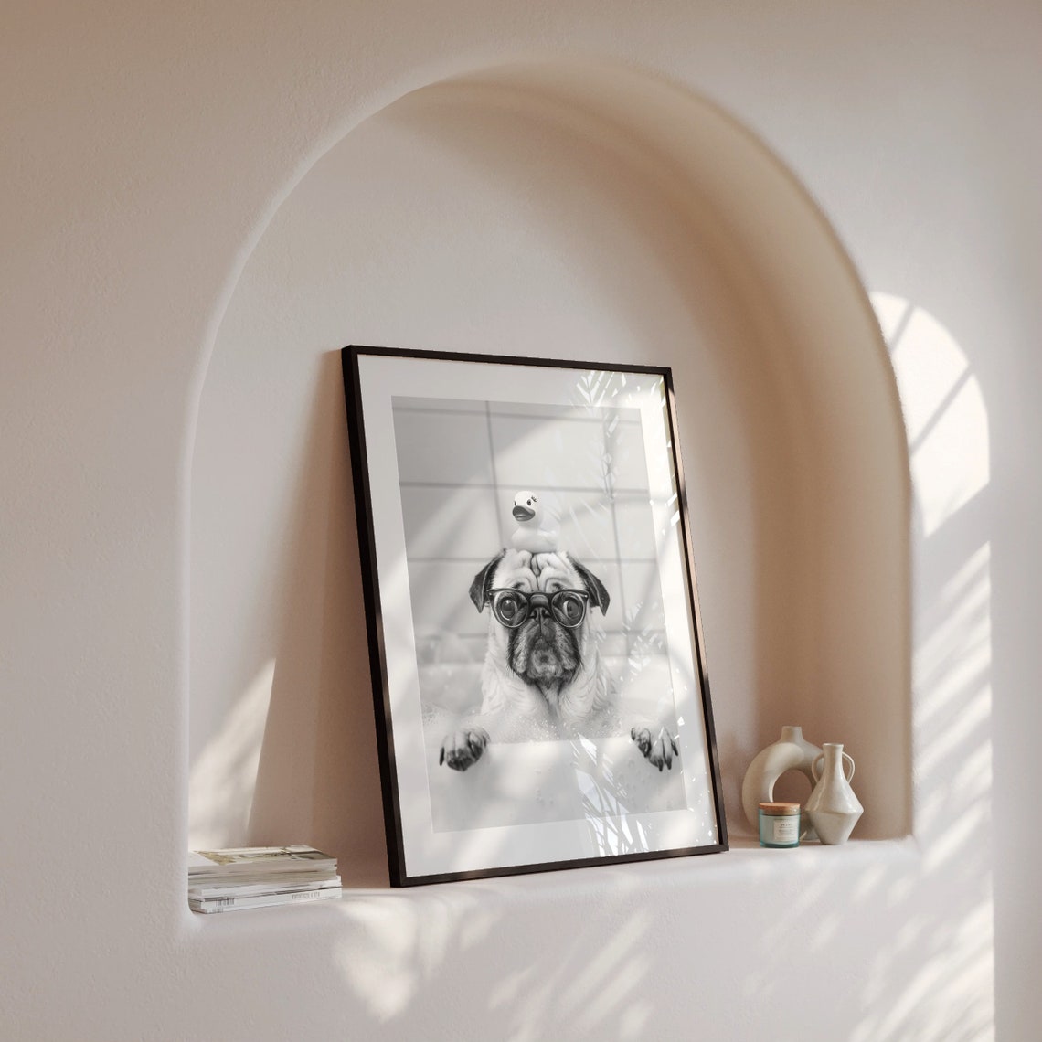 Pug Bubble Bath With Rubber Duck Glasses Funny Dog Spa Wall Art - Image 4