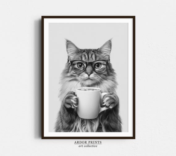 Siberian Cat Drinking Coffee, Funny Kitchen Poster