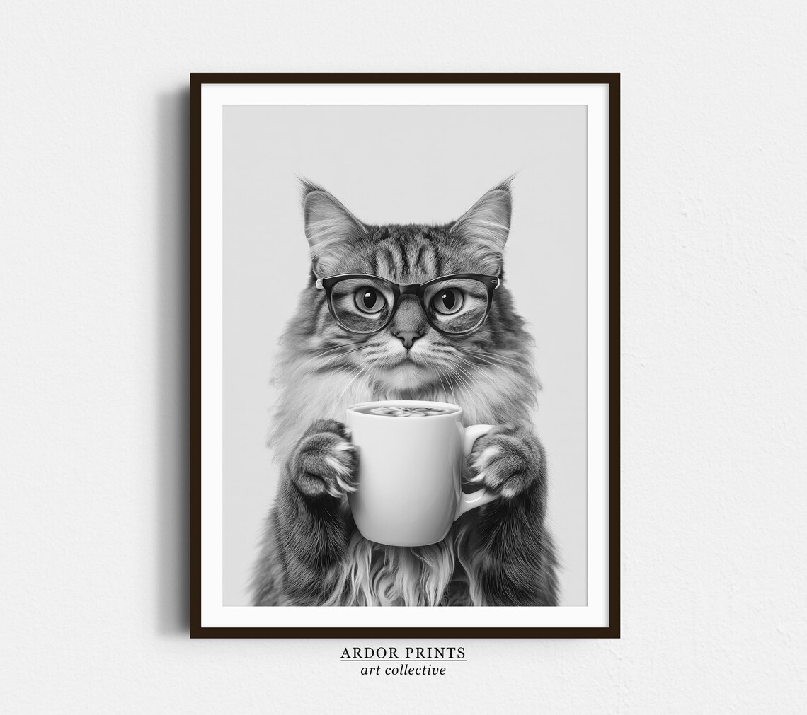 Siberian Cat Drinking Coffee, Funny Kitchen Poster