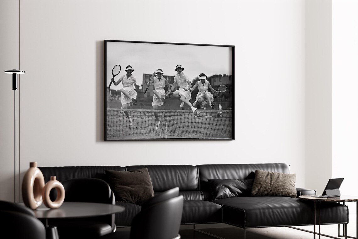 Vintage Tennis Women Jumping Over Net Art Print - Image 4