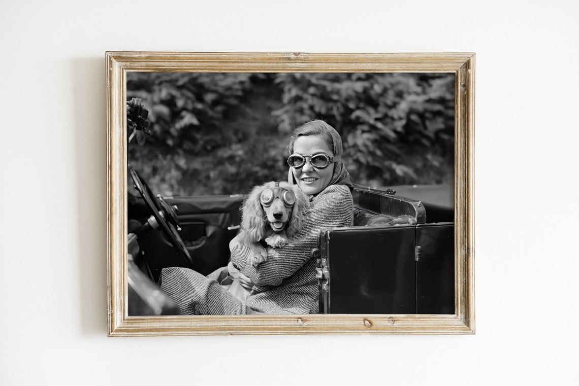 Woman and Dachshund in Vintage Convertible Black and White Poster - Image 3
