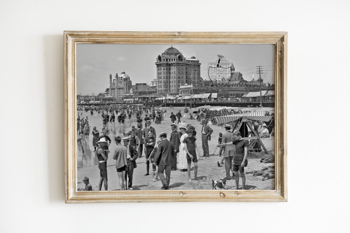 Vintage 1900s Beach Boardwalk Crowded Summer Retro Photography Poster - Image 3
