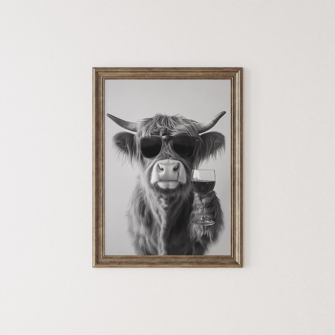 Highland Cow Drinking Wine Art Print, Black And White - Image 3