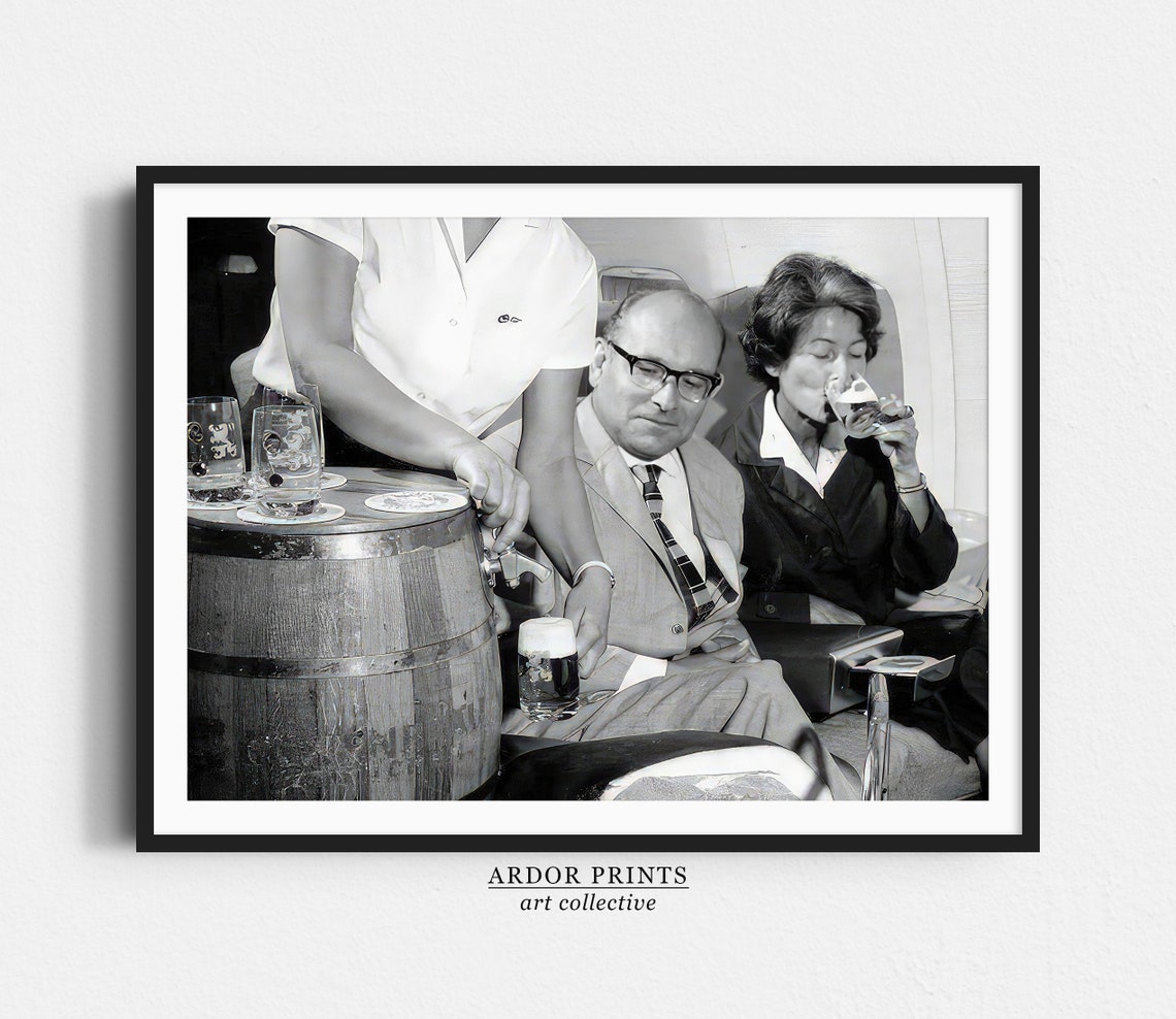 Flight Attendant Serving Draft Beer From Keg Vintage Airplane Poster
