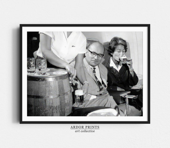 Airline Serving Draft Beer Wall Art Lufthansa Serving From Keg Black And White Print Vintage Wall Art Man Cave Poster Retro Wall Decor