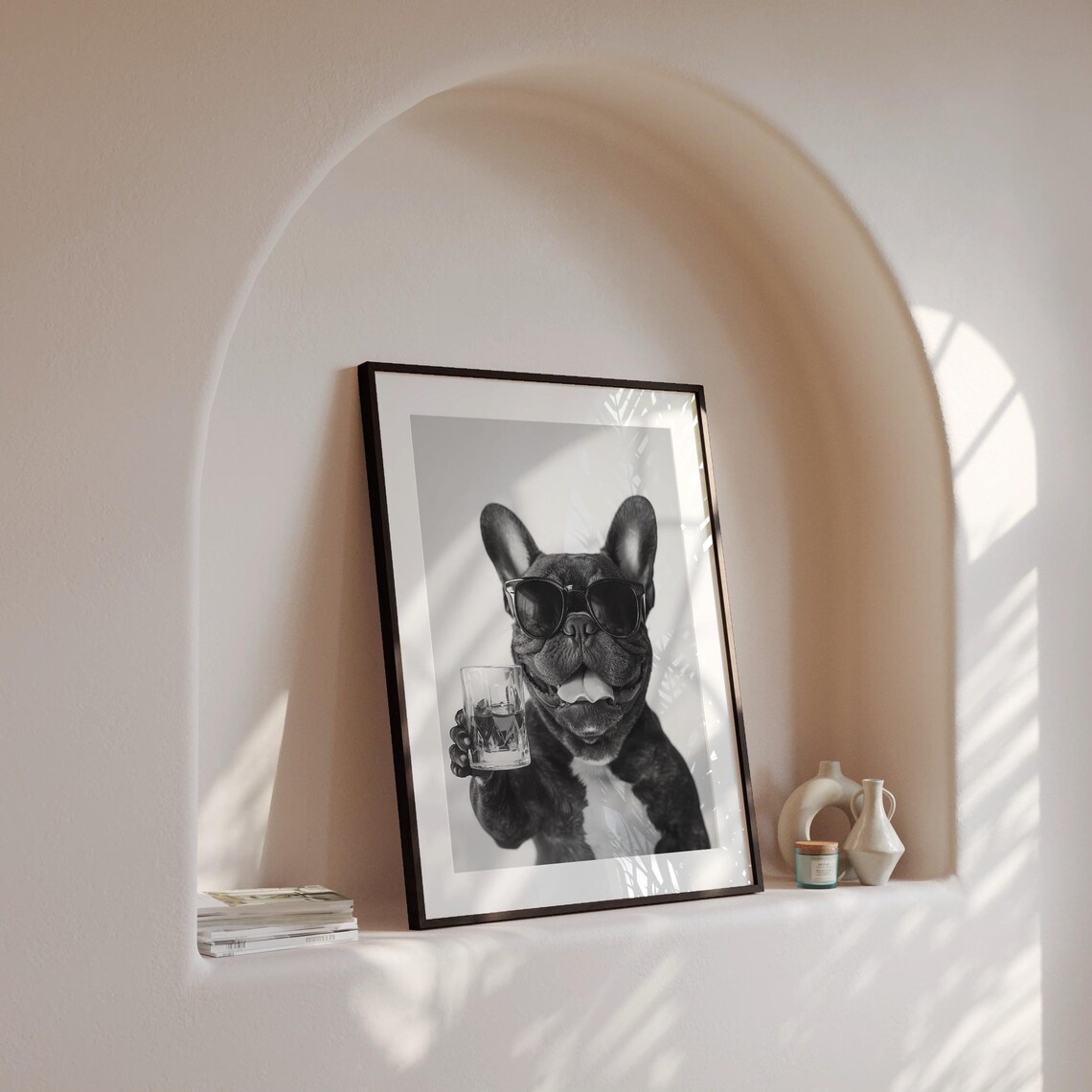 Black French Bulldog With Sunglasses Holding Whiskey Glass Dog Poster - Image 4