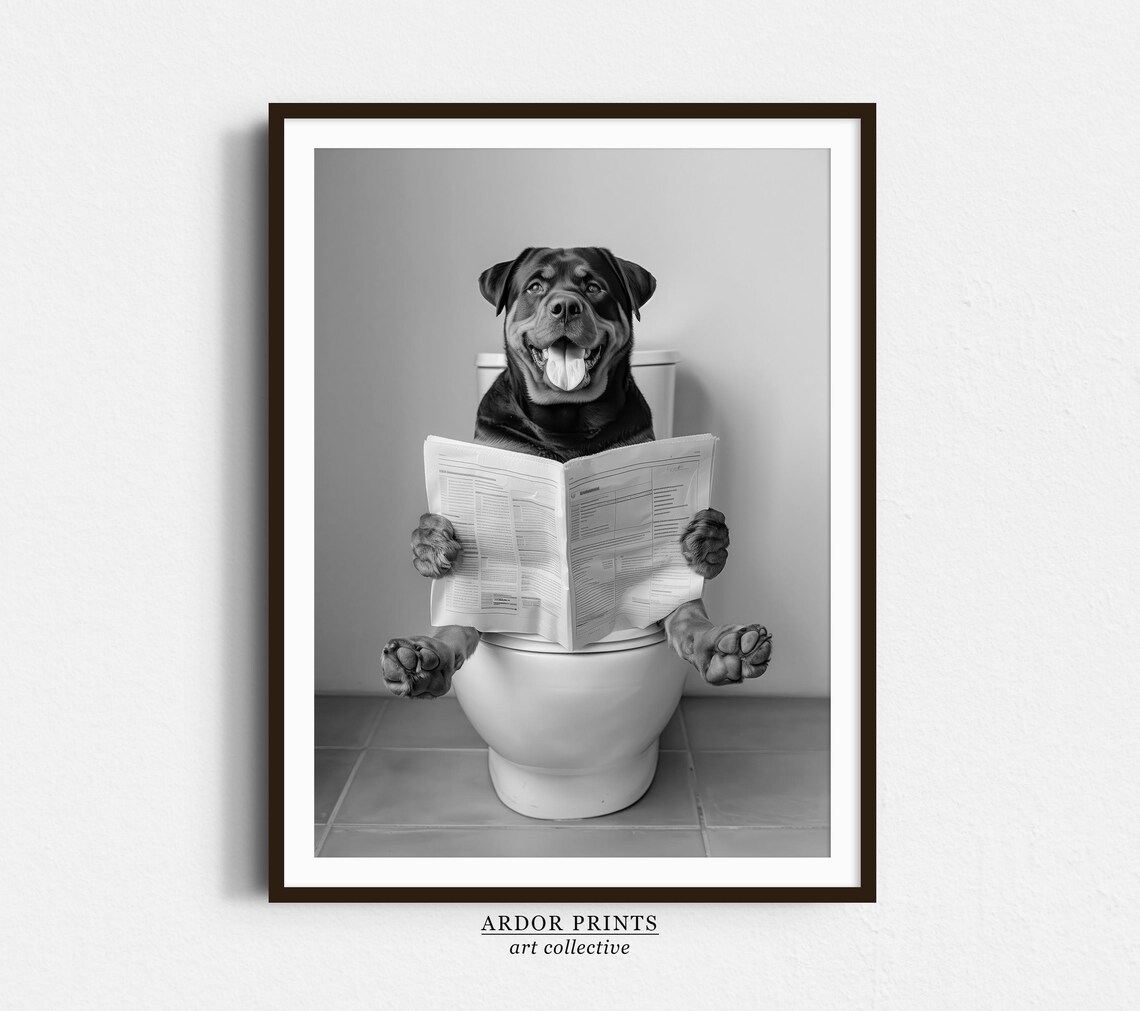 Rottweiler Reading Newspaper in Toilet, Funny Dog Art Print