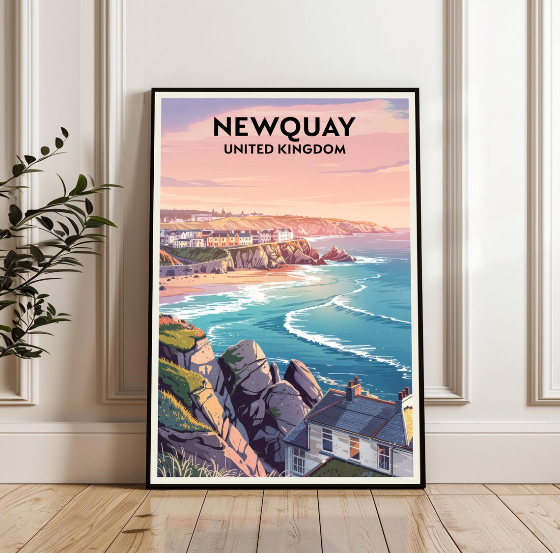 Newquay United Kingdom Cornwall Surf Beach Cliffs Sunset Travel Poster
