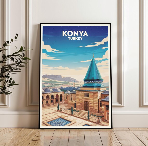 Konya Turkey Vintage Travel Poster With Historic Mosque Dome