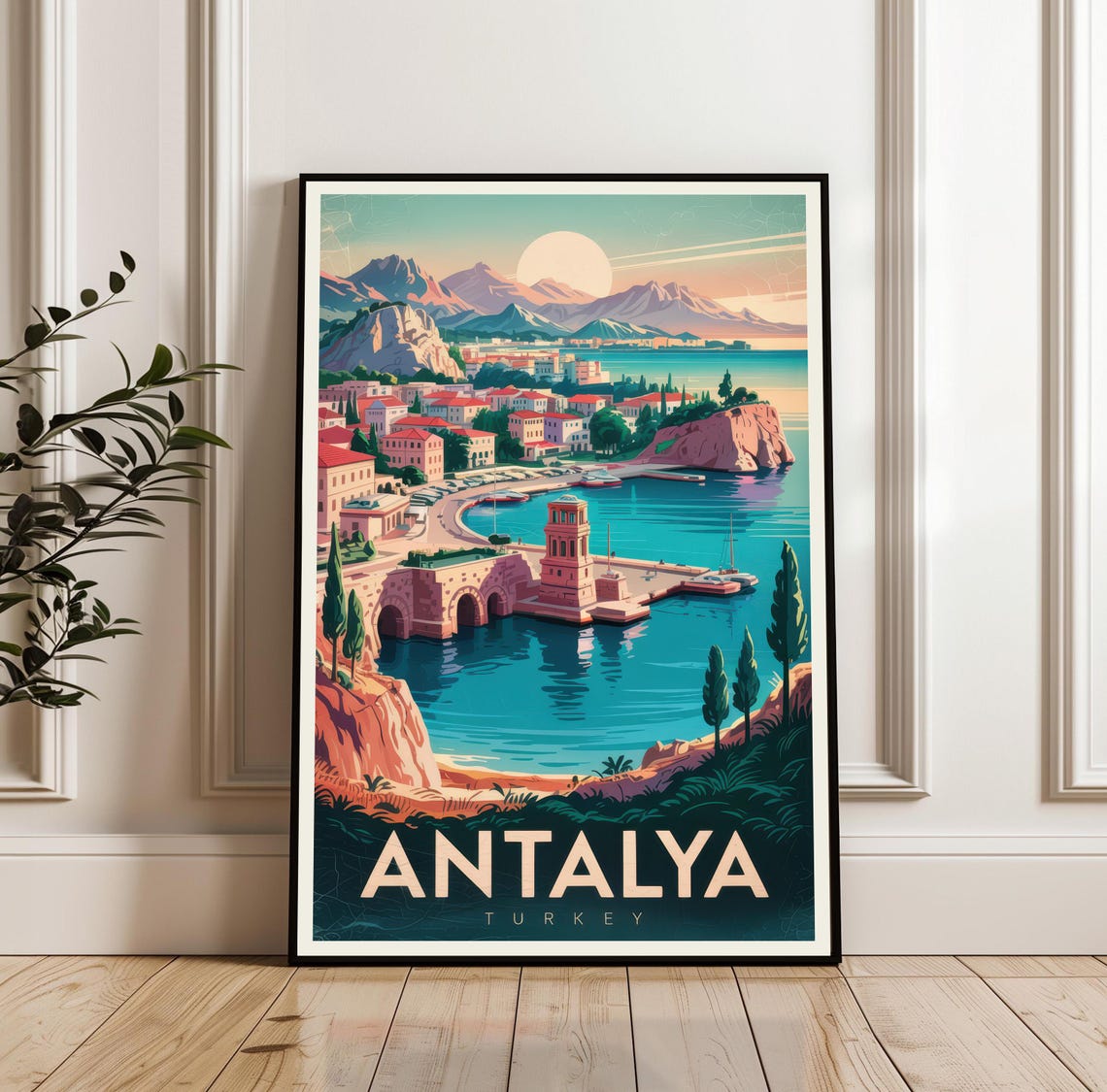 Antalya Turkey Harbor Mountains Vintage Mediterranean Travel Poster