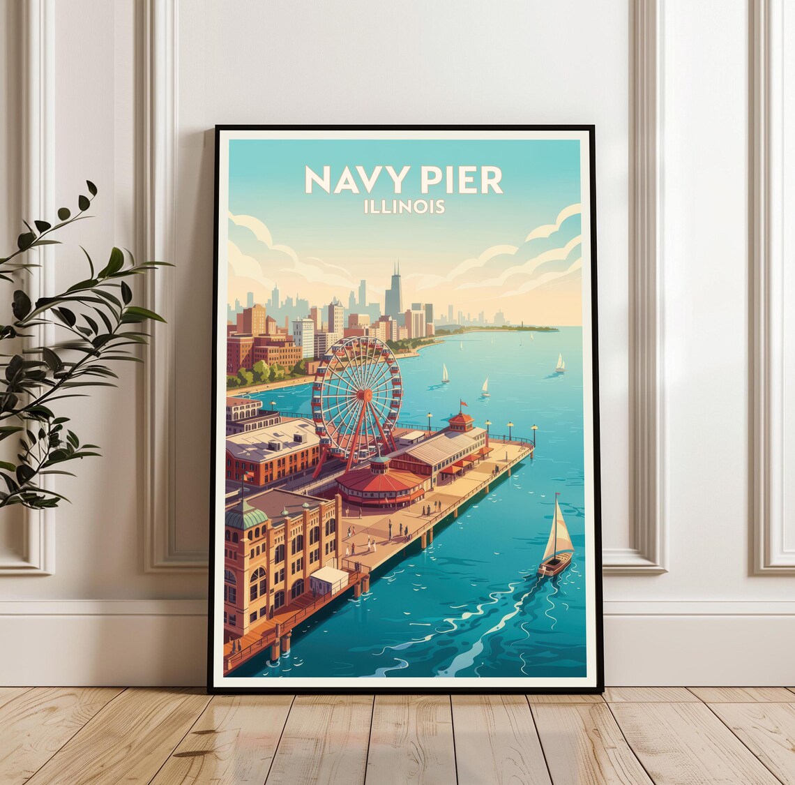 Navy Pier Illinois Ferris Wheel Lake Michigan Retro Travel Poster