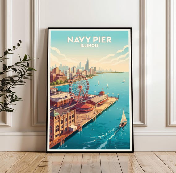 Navy Pier Poster United States Travel Illinois Wall Art Print Illustration Coastal