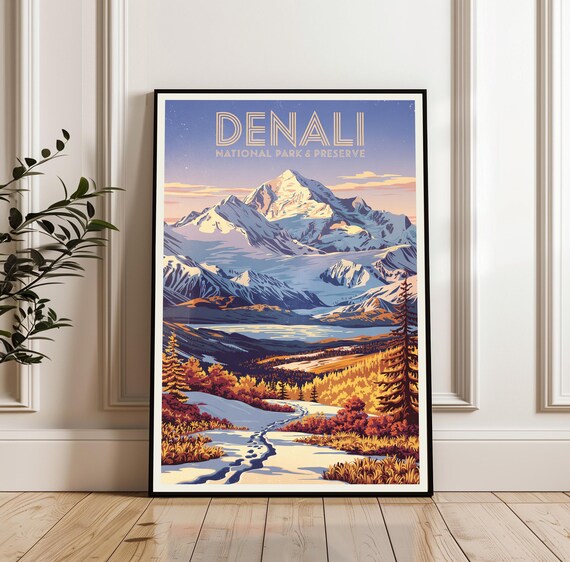 Denali National Park Preserve Alaska Mountain Retro Travel Poster