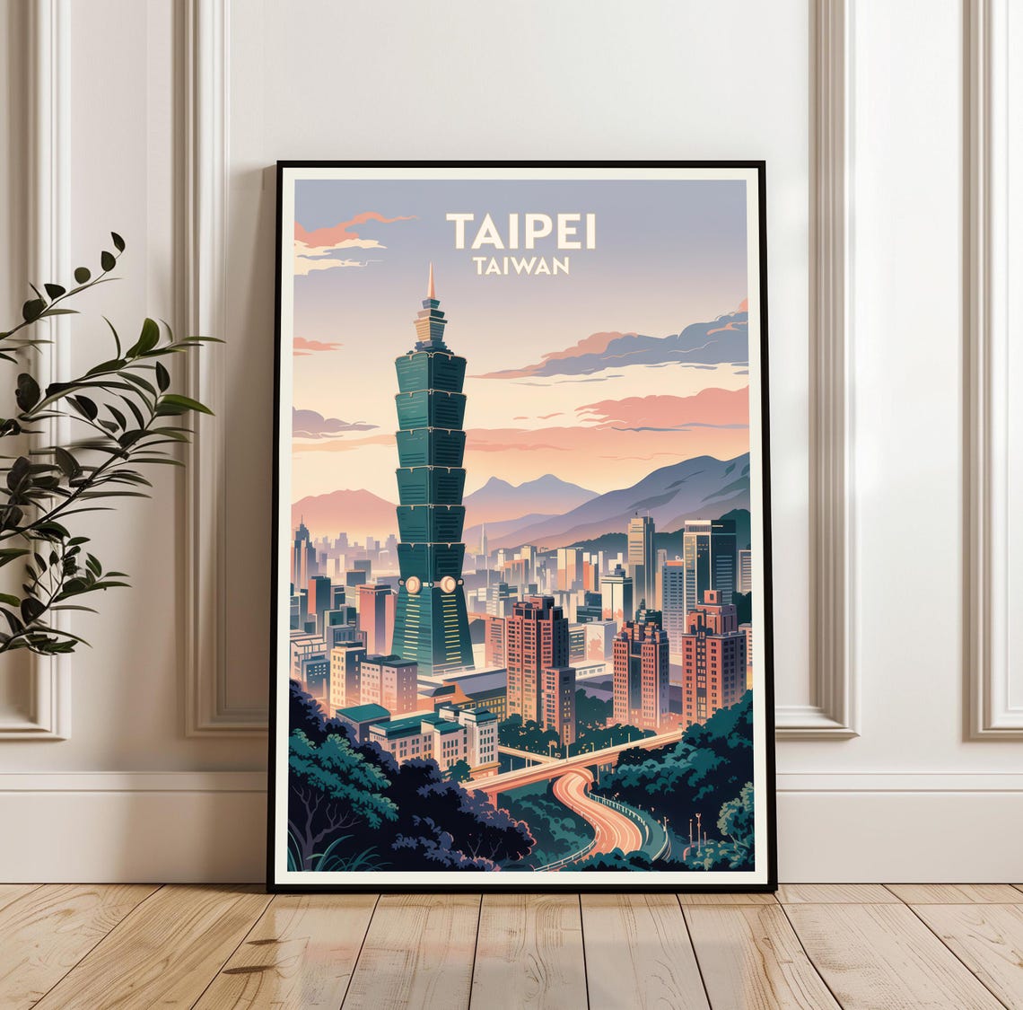 Taipei Taiwan Cityscape Travel Poster with Taipei 101 at Sunset