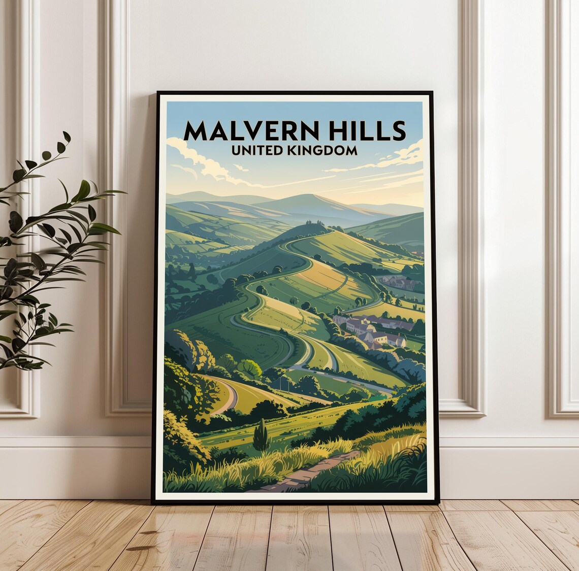 Malvern Hills United Kingdom Retro Travel Poster Rolling Green Hills