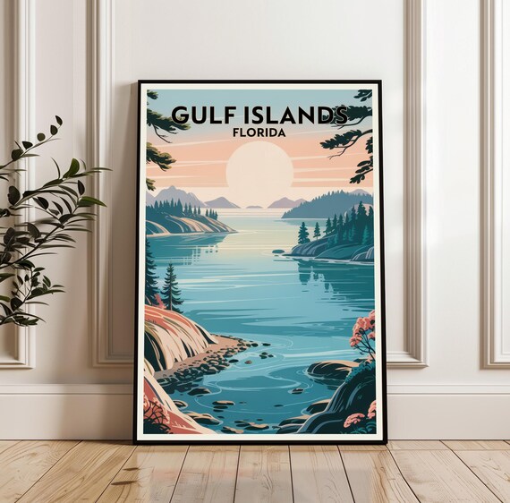Gulf Islands Florida Bay Coast Pine Shore Sunrise Travel Poster