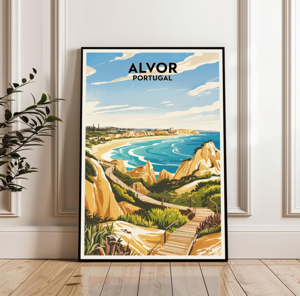 Alvor Portugal Travel Poster Golden Cliffs Boardwalk Beach Vintage Art