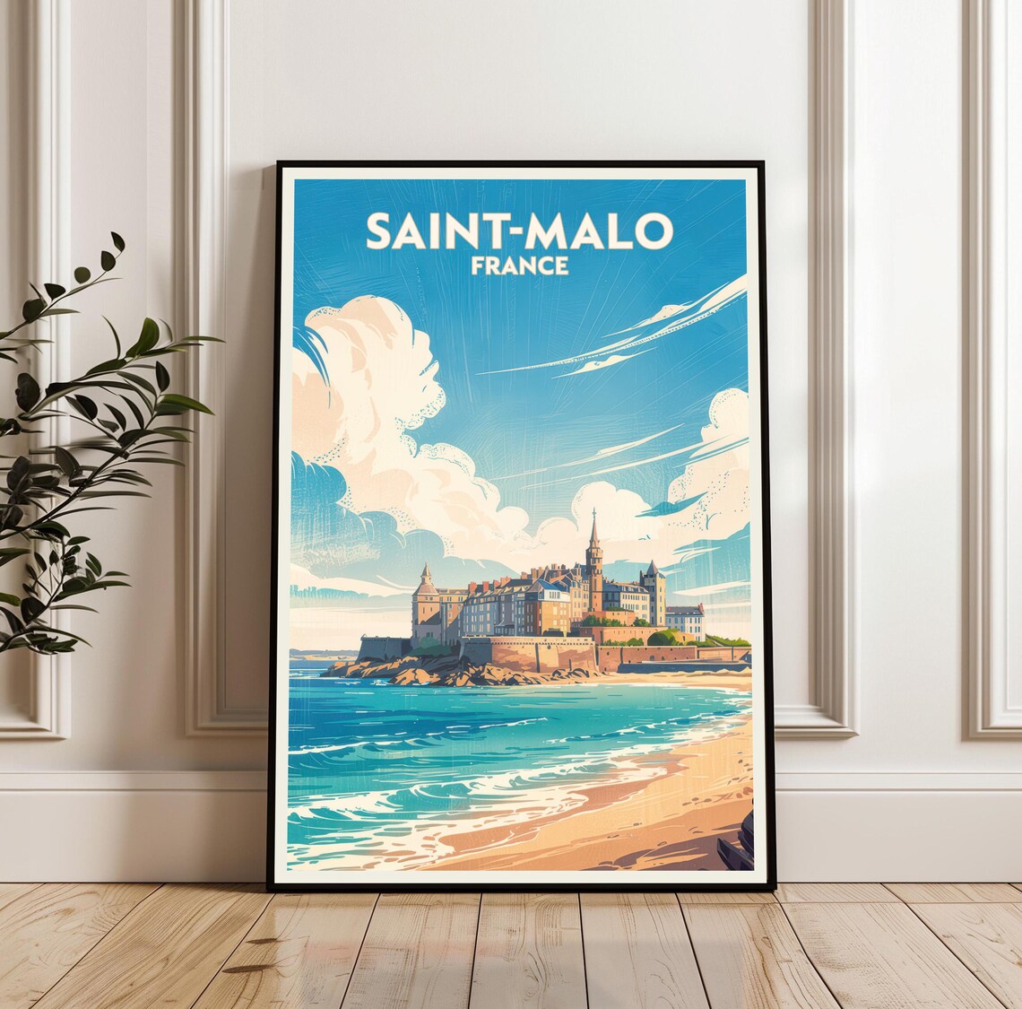 Saint-Malo France Walled City Beach Vintage Style Travel Poster